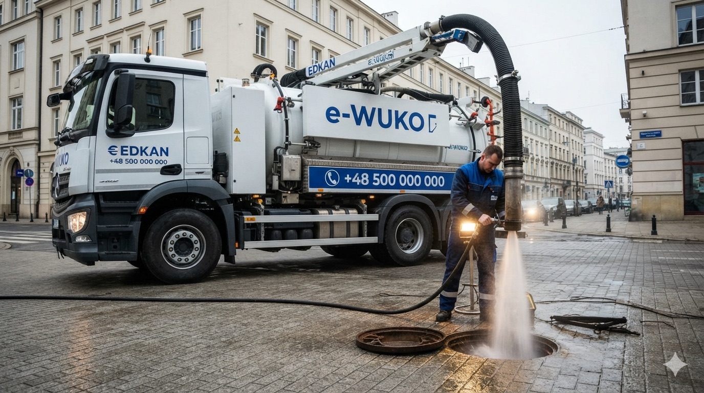 Samochód WUKO e-WUKO i operator czyszczący studzienkę kanalizacyjną na ulicy w Warszawie